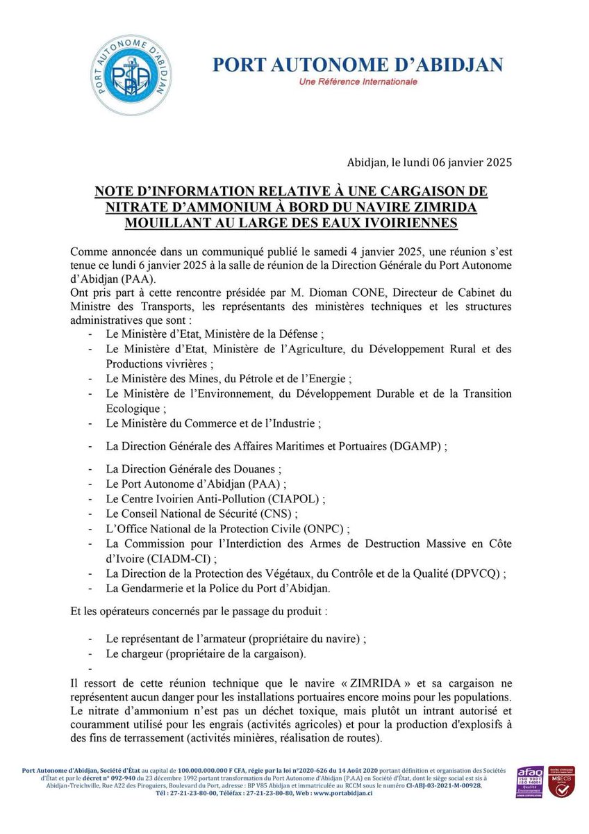 Déclaration de la direction du port