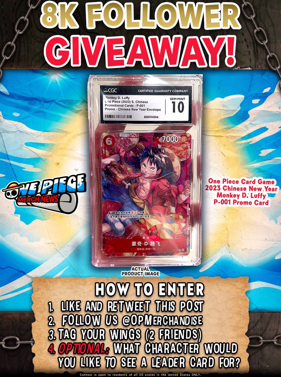 New year, new giveaway!

One winner will receive a CGC Gem Mint 10 Chinese New Year Luffy promo for the One Piece Card Game!

Winner will be drawn January 13, 2025!

Good luck ✊🏼🏴‍☠️✖️

#OnePiece
#OnePieceCardGame