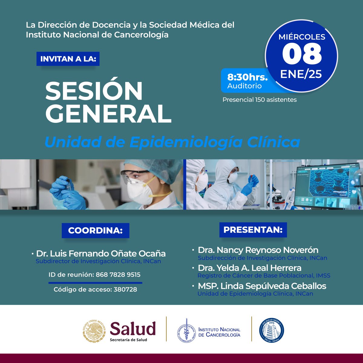 DocenciaIncan.MX (@docenciaincan) on Twitter photo a Dirección de Docencia y la Sociedad Médica del INCan invitan a la Sesión General el día 8 de enero de 2025 de las 08:30 a 09:30 horas.
Formato presencial para 150 Personas.
Virtual: vía Zoom:
ID: 868 7828 9515
Código: 380728
<a href="/ogarrieta/">Oscar Arrieta</a> <a href="/Betzabe100/">Erika Ruiz-Garcia</a> <a href="/mtzsaid/">Hector Martinez Said</a> <a href="/zapata_nidia/">nidia zapata</a> a Dirección de Docencia y la Sociedad Médica del INCan invitan a la Sesión General el día 8 de enero de 2025 de las 08:30 a 09:30 horas.
Formato presencial para 150 Personas.
Virtual: vía Zoom:
ID: 868 7828 9515
Código: 380728
<a href="/ogarrieta/">Oscar Arrieta</a> <a href="/Betzabe100/">Erika Ruiz-Garcia</a> <a href="/mtzsaid/">Hector Martinez Said</a> <a href="/zapata_nidia/">nidia zapata</a>
