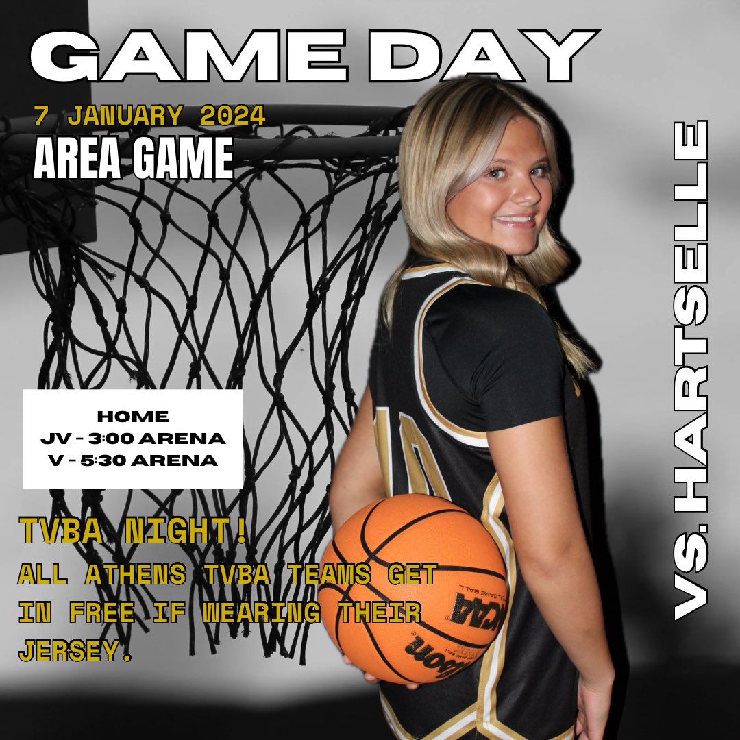 Area Game tomorrow!
⏰ JV 3:00 | V 5:30
📍THE ARENA
🆚HARTSELLE

TVBA night will be in full swing!