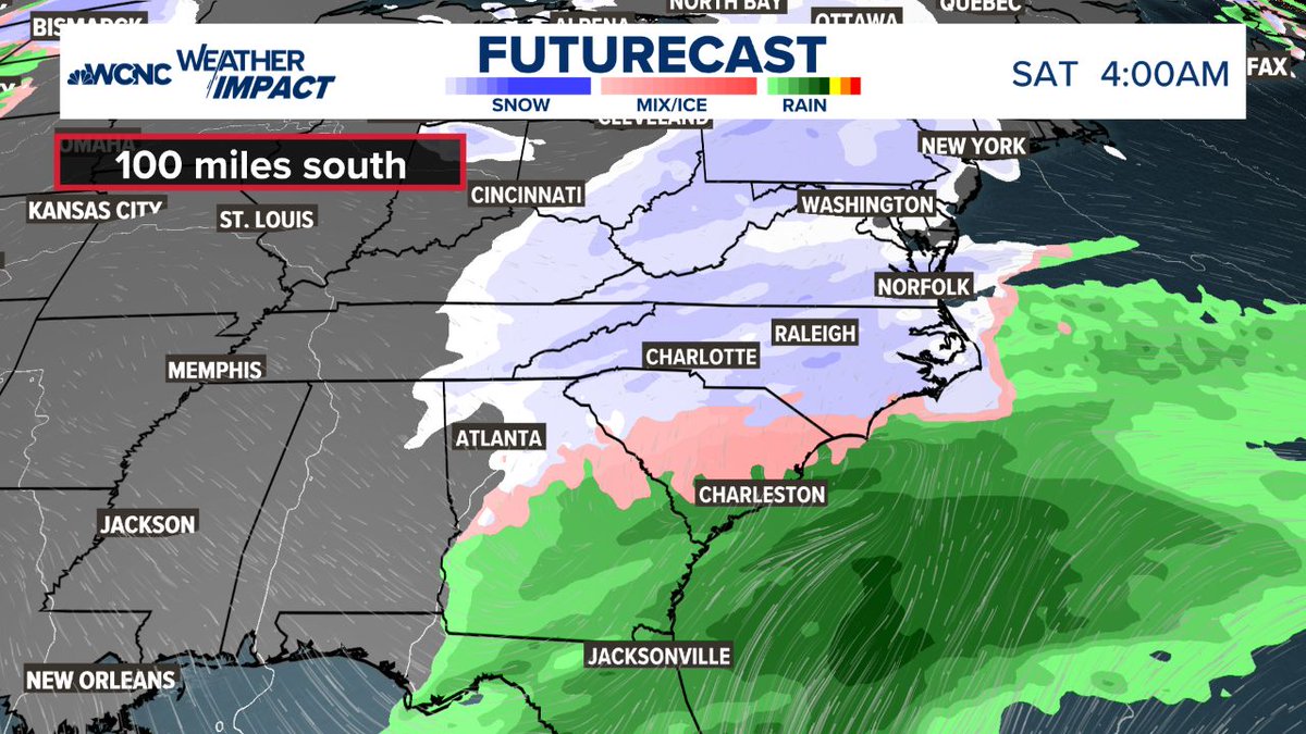 Weekend storm: Shifting the track 100 miles in either direction makes a big difference. This is the current ECMWF forecast with a 100-mile gird adjust both north and then south at 4am Saturday. #snOMG #ncwx #scwx #cltwx