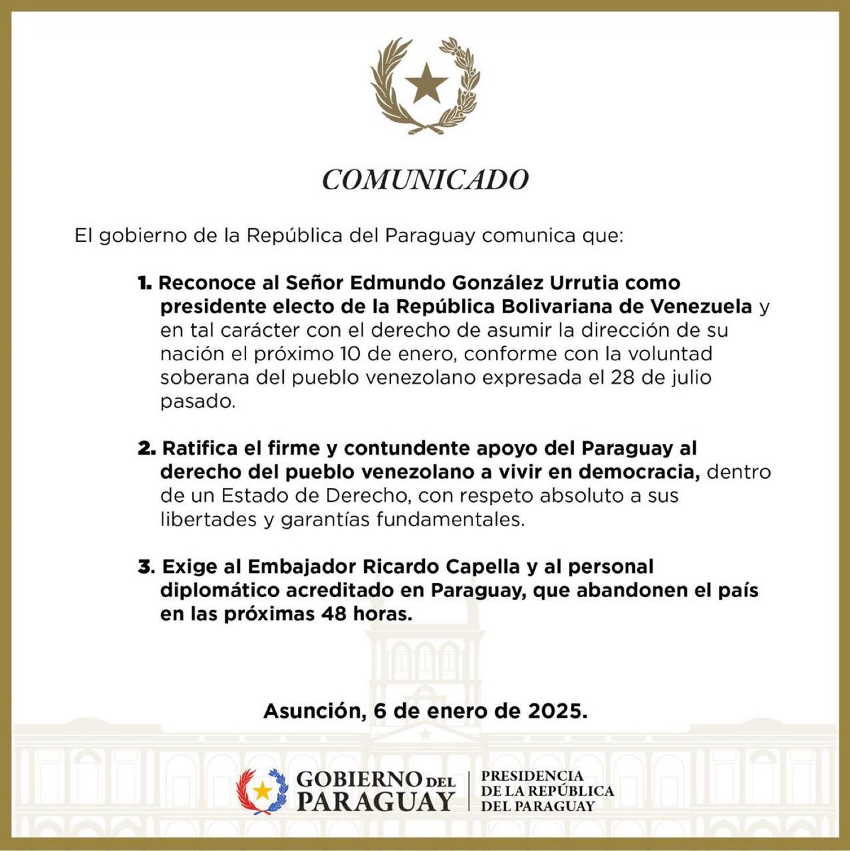 ¡Zaz!
Paraguay le da 48 horas al personal diplomático de la embajada de Venezuela para salir del país y, lo más importante, otorga su reconocimiento como presidente de ese país al opositor Edmundo González Urrutia.
Se complican las cosas al dictador y genocida Nicolás Maduro.