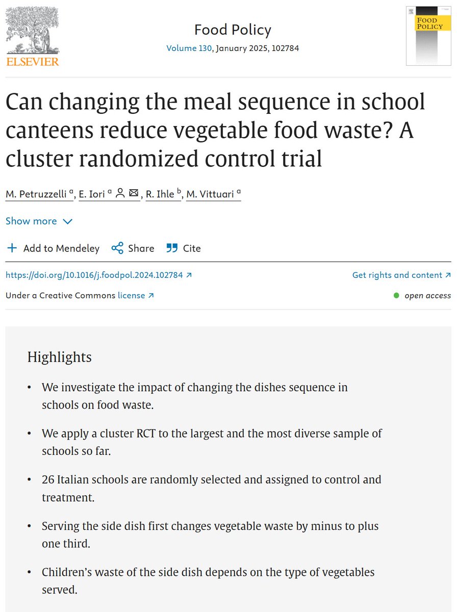 Can changing the #MealSequence in #SchoolCanteens reduce vegetable #FoodWaste? A cluster randomized control trial by Mara Petruzzelli, Elisa Iori, Rico Ihle, and Matteo Vittuari
doi.org/10.1016/j.food…