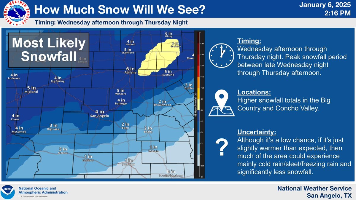 Map shows most likely snow totals Wed afternoon thru Thurs night. A few models show slightly warmer temperatures at the surface/low levels, which could result in significantly lower snow totals, with more cold rain/sleet/freezing rain occurring instead of snow. #txwx #sjtwx