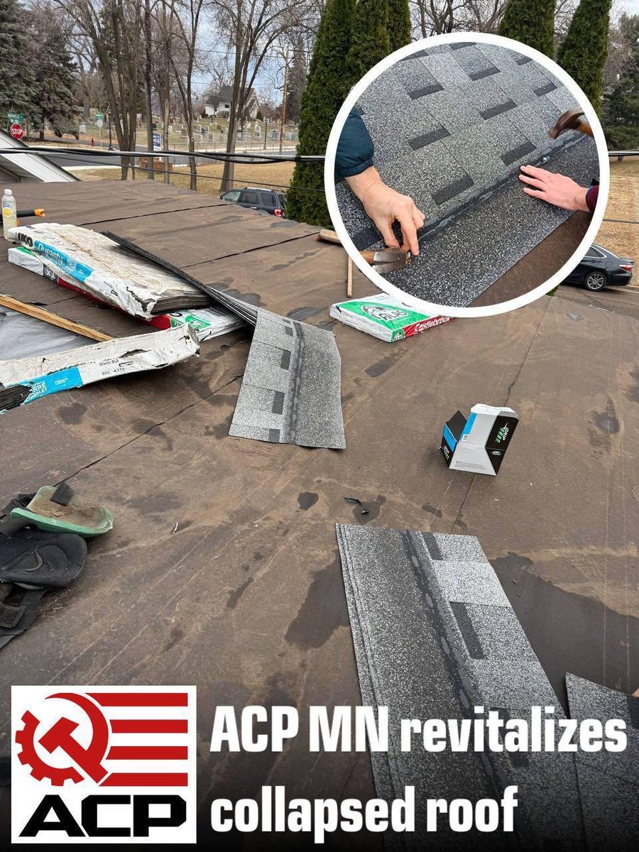 ACP_Minnesota's tweet image. In December, ACP MN worked with a couple struggling with bills to renew a collapsed and neglected roof before winter.
We quickly renewed the roof deck, putting down underlayment and shingles in the cold.
