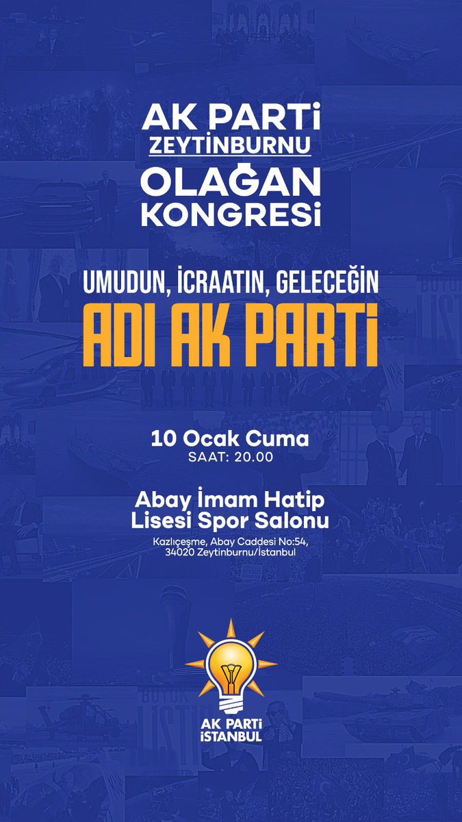 10 OCAK CUMA GÜNÜ GERÇEKLEŞTİRCEĞİMİZ AK PARTİ ZEYTİNBURNU 8.OLAĞAN İLÇE KONGREMİZE TÜM TEŞKİLATIMIZ,DOSTLARIMIZ VE KIYMETLİ HEMŞEHRİLERİMİZİ BEKLİYORUZ.!!!

ABAY İMAM HATİP LİSESİ SPOR SALONU 

10 OCAK 2025 CUMA

SAAT :19:00

<a href="/omerrarisoy/">Ömer Arısoy</a> 

<a href="/selamidelibalta/">A.Selami Delibalta🇹🇷</a> 

<a href="/MustafaY_K/">Mustafa Yalçınkaya 🇹🇷</a>
