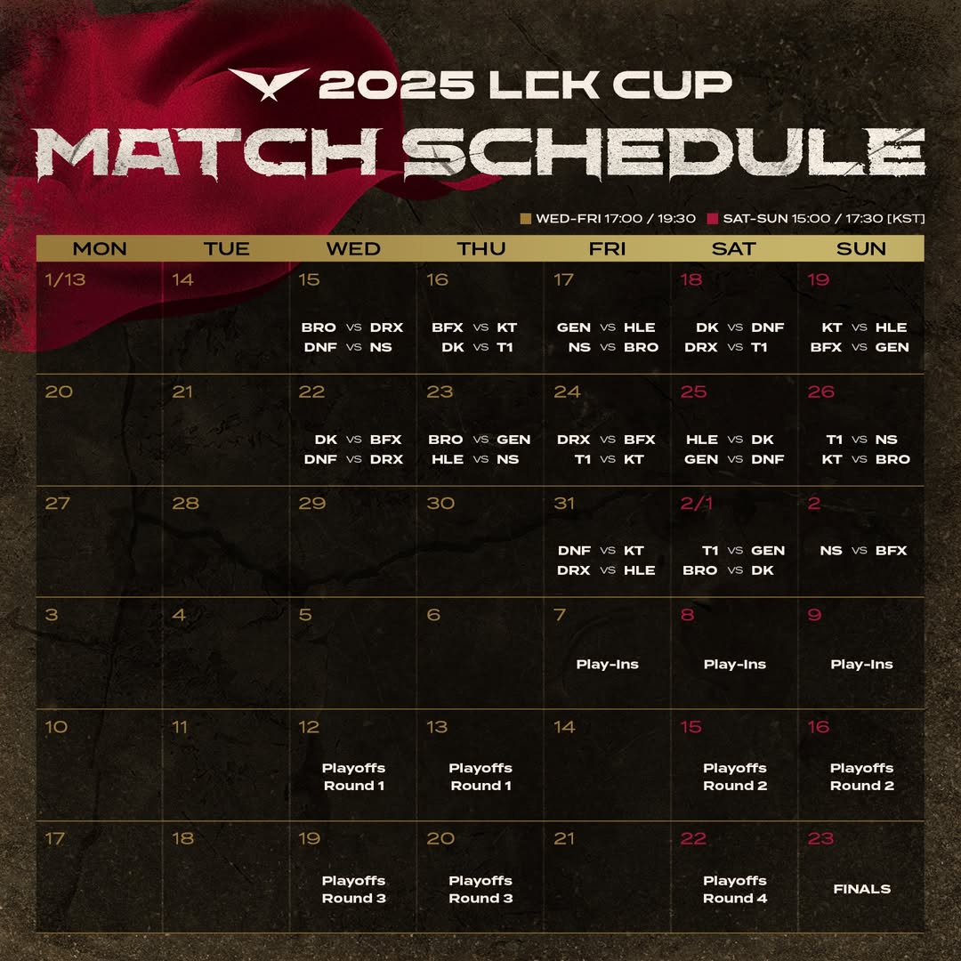 t1_zip's tweet photo. LCK CUP 팀 &amp; 일정 #T1WIN 

16일 (목) vs DK (19:30)
18일 (토) vs DRX (19:30)
24일 (금) vs KT (19:30)
26일 (일) vs NS (15:00)
2/1 (토) vs GEN (15:00) https://t.co/qva2S2rzNv