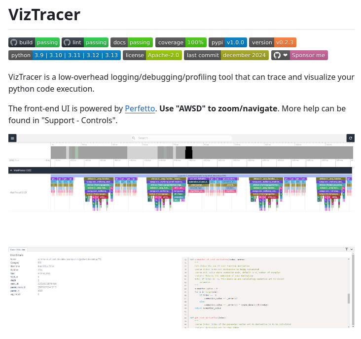 tom_doerr's tweet photo. VizTracer: A tool to trace and visualize Python code execution, logging function entries/exits, arguments, return values, and variables, with support for threading, multiprocessing, and async operations https://t.co/o9IobUYKeT