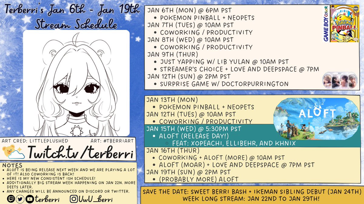 Terberri's tweet photo. New schedule 🐻🌅
- Coworking is back &amp; @Aloft_Game will be release next week!
- Save the Date for Sweet Berri Bash where I will be live ALL week long! Jan 22nd - 29th
- KumaKo's Ikeman Sibling (@jeeroh_ &amp; I) Debut is on Jan 24th!

🔗⬇️ https://t.co/6egHaqxuDN