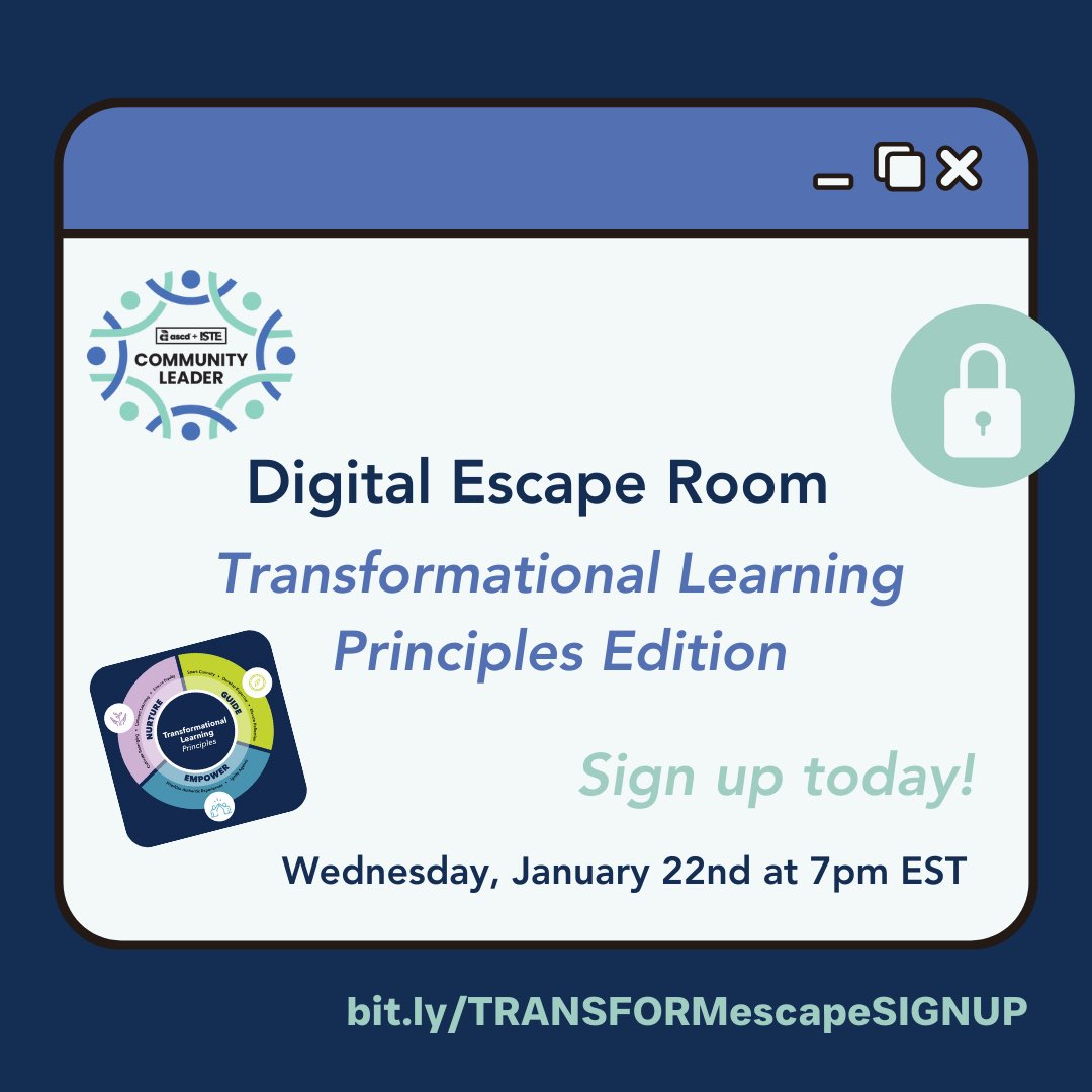 ISTE+ASCD Community Leaders (@istecommunity) on Twitter photo ๐ข We are excited to host our fourth ISTE+ASCD Community Leader Digital Escape Room with <a href="/amanda_d_nguyen/">Amanda D Nguyen (she/her)</a>, <a href="/MrsKannekens/">Cammie Kannekens ๐จ๐ฆ</a> and <a href="/gret/">Greta Sandler</a>. Join us on Wednesday, January 22nd from 7pm - 8pm EST to learn more about the new ISTE+ASCD Transformational Learning Principles, see an example of ๐ข We are excited to host our fourth ISTE+ASCD Community Leader Digital Escape Room with <a href="/amanda_d_nguyen/">Amanda D Nguyen (she/her)</a>, <a href="/MrsKannekens/">Cammie Kannekens ๐จ๐ฆ</a> and <a href="/gret/">Greta Sandler</a>. Join us on Wednesday, January 22nd from 7pm - 8pm EST to learn more about the new ISTE+ASCD Transformational Learning Principles, see an example of
