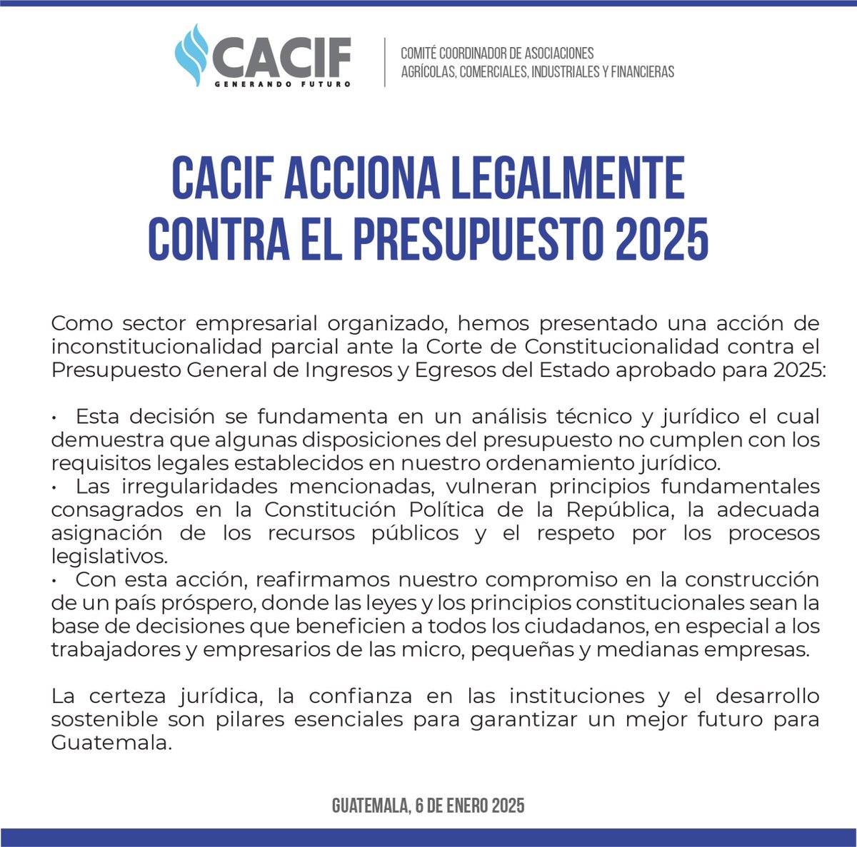 CACIFGuatemala's tweet photo. #ComunicadoCACIF

Como sector empresarial organizado, hemos presentado una acción de inconstitucionalidad parcial ante la Corte de Constitucionalidad contra el Presupuesto General de Ingresos y Egresos del Estado aprobado para 2025. https://t.co/PB94MOIPvs