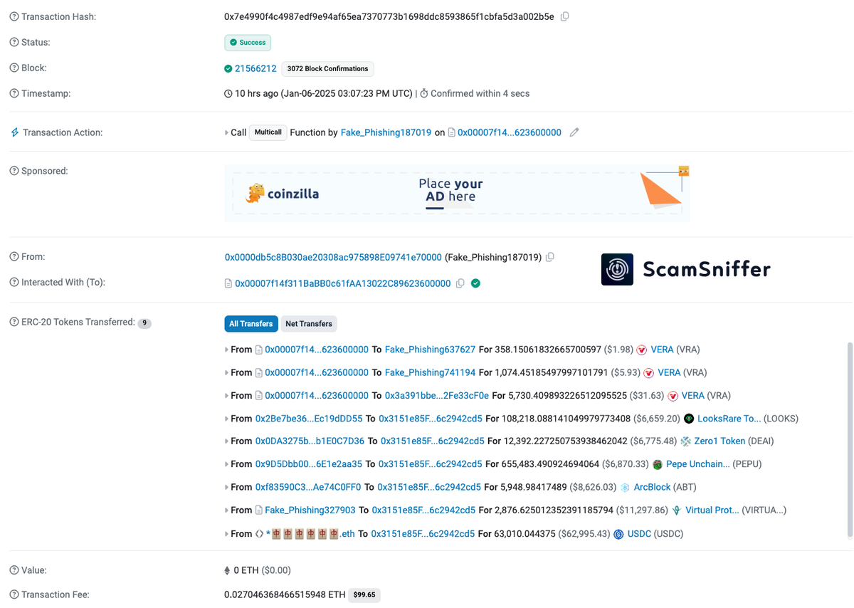 realScamSniffer's tweet photo. ⚠️ Victims lost an extra $100K+ from un-revoked phish approvals.

🔍 Remember to check/revoke suspicious approvals. https://t.co/RmQeFS9pYJ