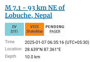 Vnews2024's tweet photo. Kathmandu shaken by strong earthquake early morning.

An earthquake with a magnitude of 7.1 on the Richter Scale struck 93 km northeast of Lobuche, Nepal, at 06:35:16 IST today: USGS
#earthquake #nepalearthquake 
#EarthquakePH 
#Kathmanduearthquake 
#lobucheearthquake https://t.co/arl4JkjTH8