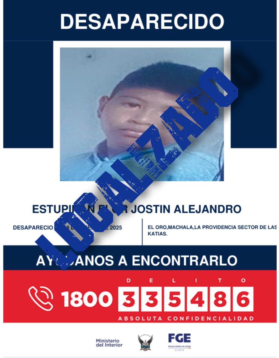 PoliciaEcuador's tweet photo. SANO Y SALVO🙌

Tras diligencias investigativas, localizamos a Jostin E., quien se  encontraba reportado como desaparecido el 04 de enero de 2025, en #ElOro

📌 Se encuentra a buen recaudo y junto a sus familiares. 

#PolicíaEcuador
#NuestraMisiónSigueIntacta https://t.co/iD4pvl3oLU