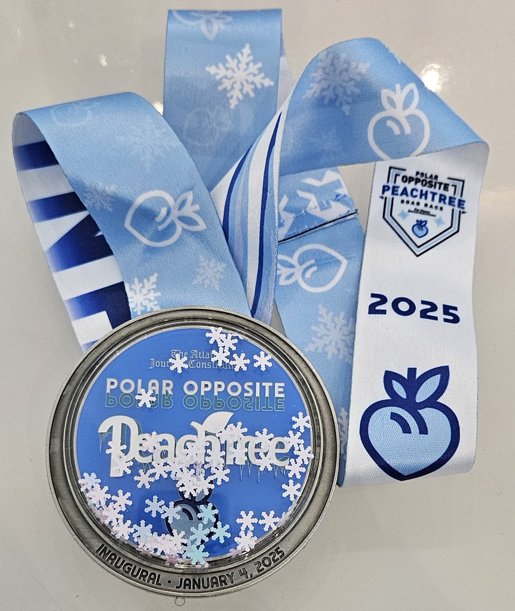 nacole99's tweet photo. First Medal Monday of 2025! Today is a celebration of running the AJC @atlantatrackclub Polar Opposite Peachtree Road Race. I don't know who came up with a crazy idea, but it was fun. 6 months until the Peachtree Road Race. #bibchat #runchat #leagueofgarmin #runatl https://t.co/ASby3gAjKD