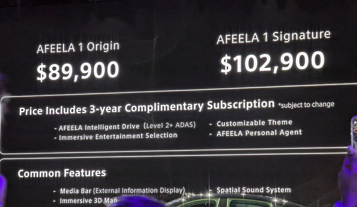 Techylyte's tweet photo. Afeela 1 Origin: $89,900
Afeela 1 Signature: $102,900
#CES2025 #sony #sonyafeela https://t.co/7cfNrnbkcs