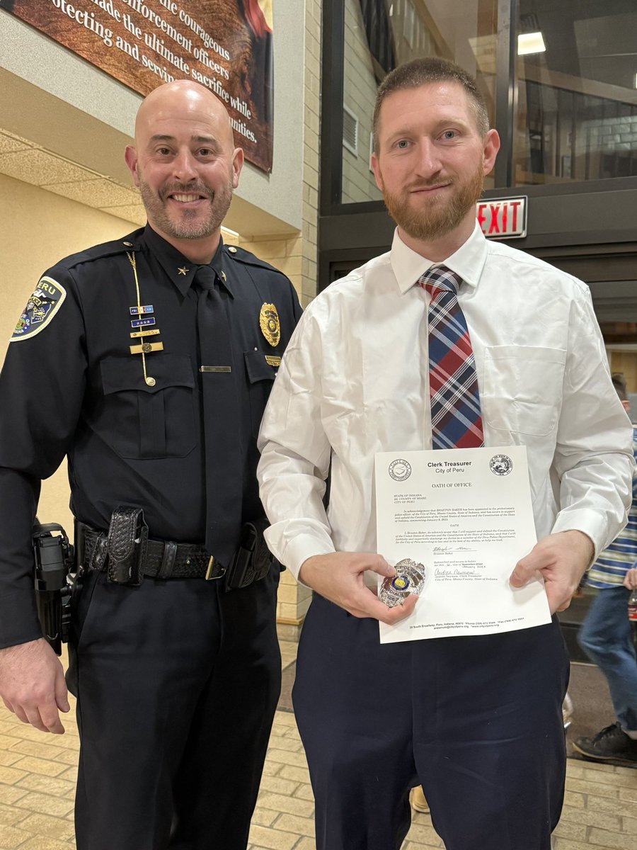 PeruPD (@perupd) on Twitter photo Earlier this evening, Braxton Baker was sworn in as the newest member of the Peru Police Department. 
Braxton (32), resides in Miami County with his wife, Ariel and their children Cooper, Isabella and Wyatt. Officer Baker was issued badge #126.
Welcome to Peru PD, 126! Earlier this evening, Braxton Baker was sworn in as the newest member of the Peru Police Department. 
Braxton (32), resides in Miami County with his wife, Ariel and their children Cooper, Isabella and Wyatt. Officer Baker was issued badge #126.
Welcome to Peru PD, 126!