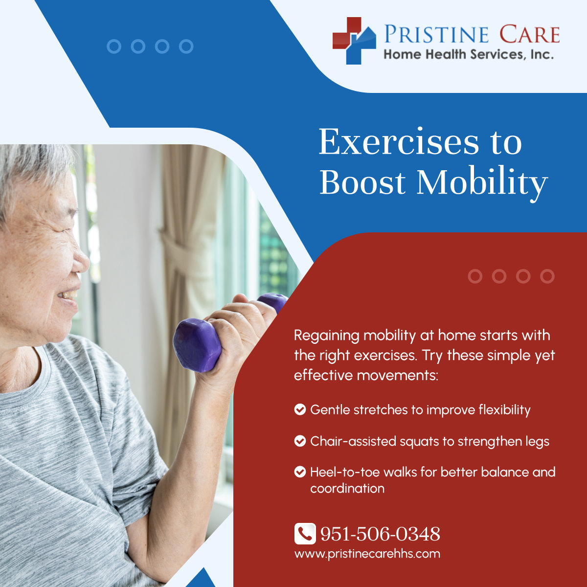 pristinecarehhs's tweet image. Recovery starts with movement. Boost mobility with exercises you can do at home. Stay active and reclaim your strength with these tips! Contact us for more guidance. 

#TemeculaCA #HomeHealthCare #MobilityRecovery #ExerciseTips #StayActive