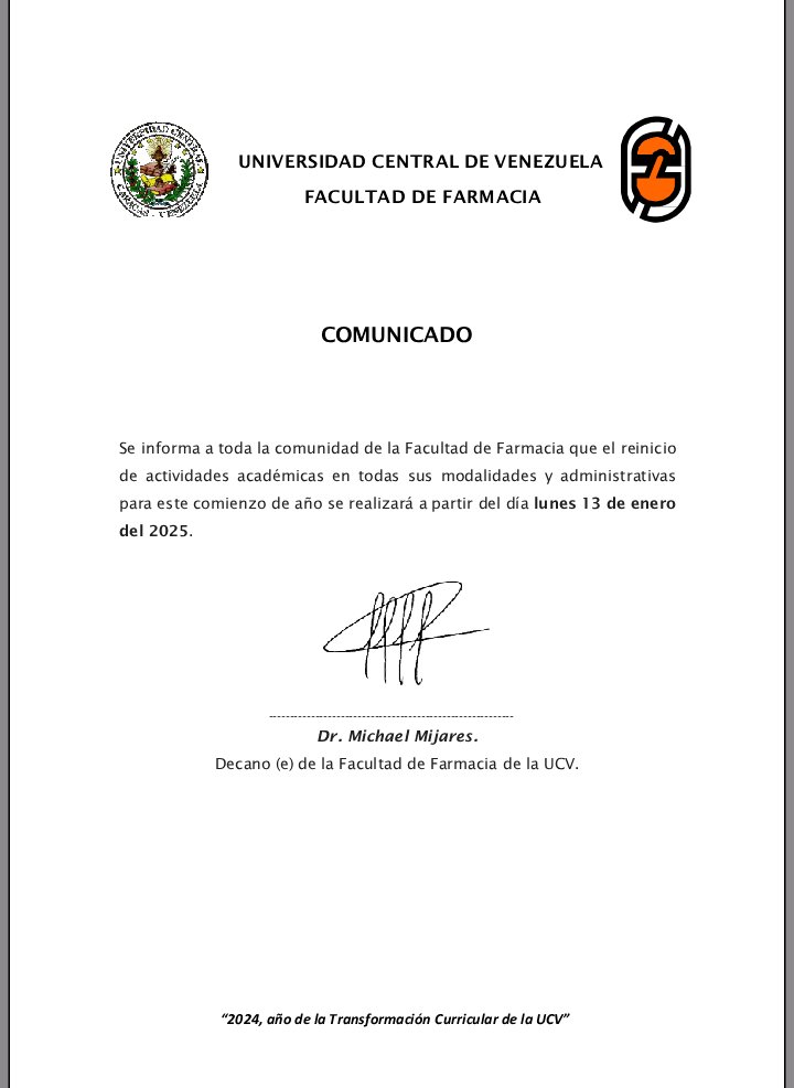 Comunicado del Dr. Michael Mijares, Decano encargado de la Facultad de Farmacia de la Universidad Central de Venezuela.