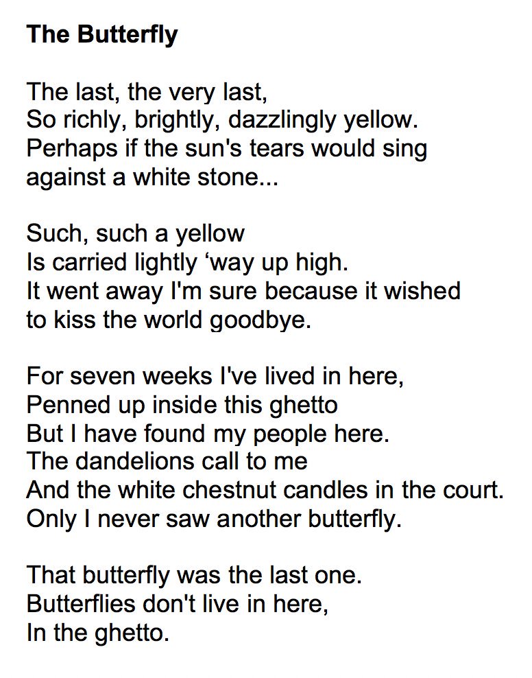 7 January 1921 | A Czech Jew Pavel Friedmann was born in Prague. A student &amp; poet. 

In #Theresienstadt ghetto in 1942 he wrote a poem "Butterfly".

Deported to #Auschwitz on 29 September 1944. He did not survive.