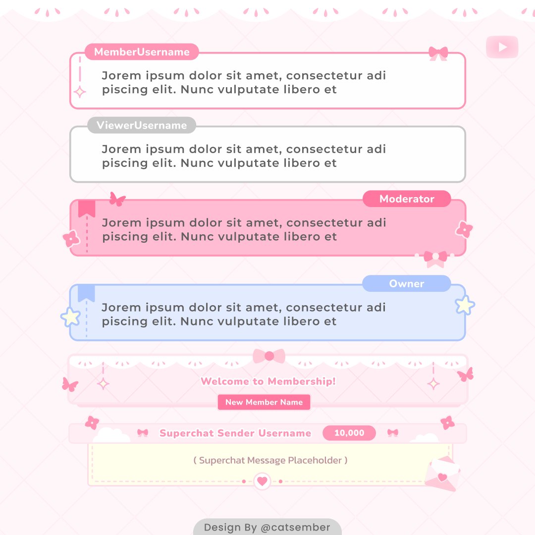 「 chat widget design 」for @.itseliceelicia
 ✧ youtube chat widget design

thank you so much for your support!!