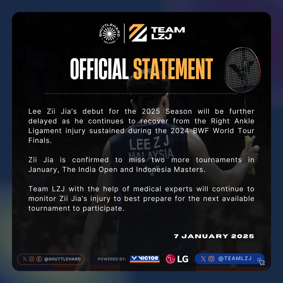 Official Statement on Lee Zii Jia’s January 2025 tournament participation.

#DareToDream 
#OwnYourAttitude 
#BeyondTheLimit 
#ShuttleHard