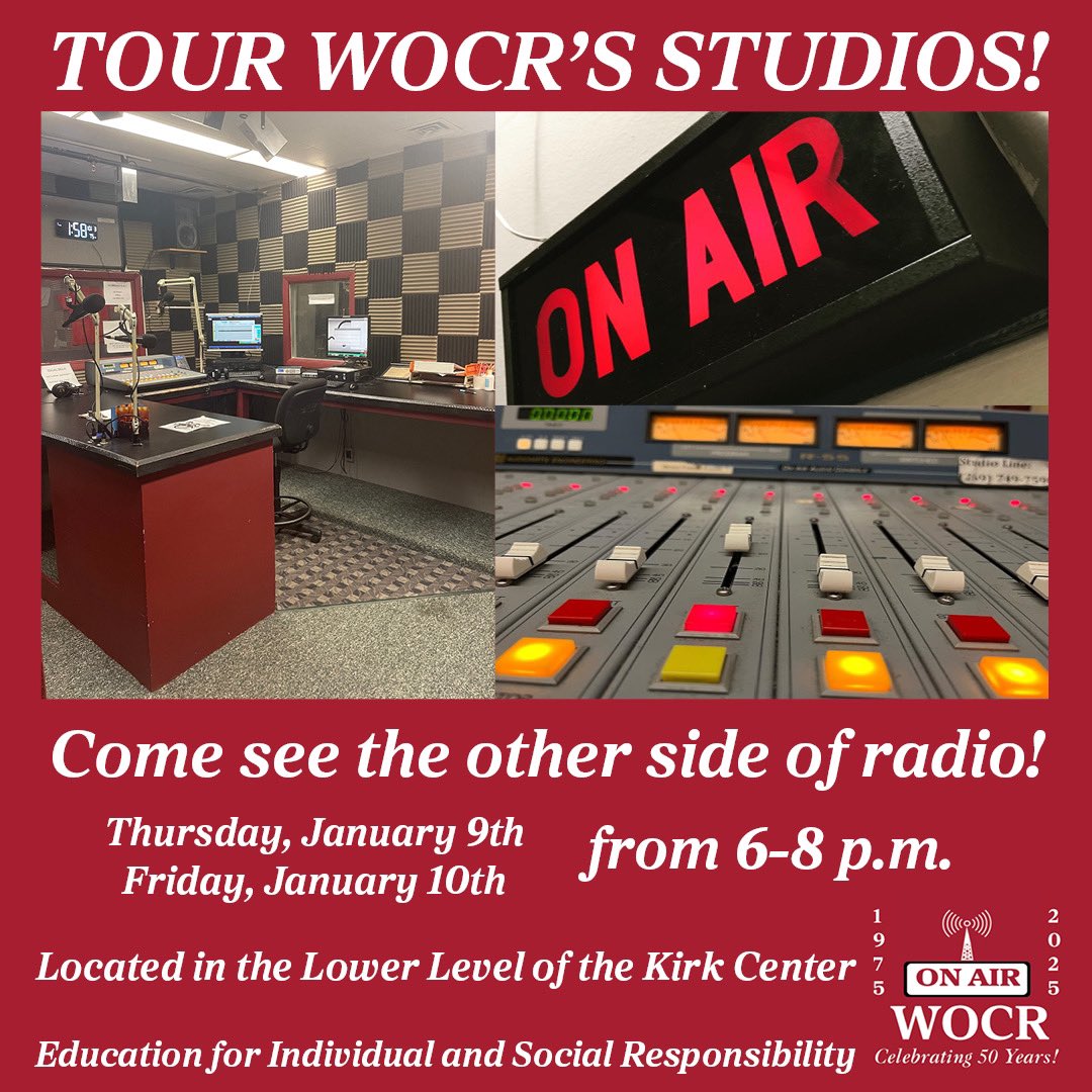 wocr891's tweet photo. On Thursday, January 9th and Friday, January 10th, WOCR will be hosting tours of our studios!  WOCR’s studios are located at the lower level of the Kirk Center.  Come on down and see the other side of radio! https://t.co/37gRZNrjn5
