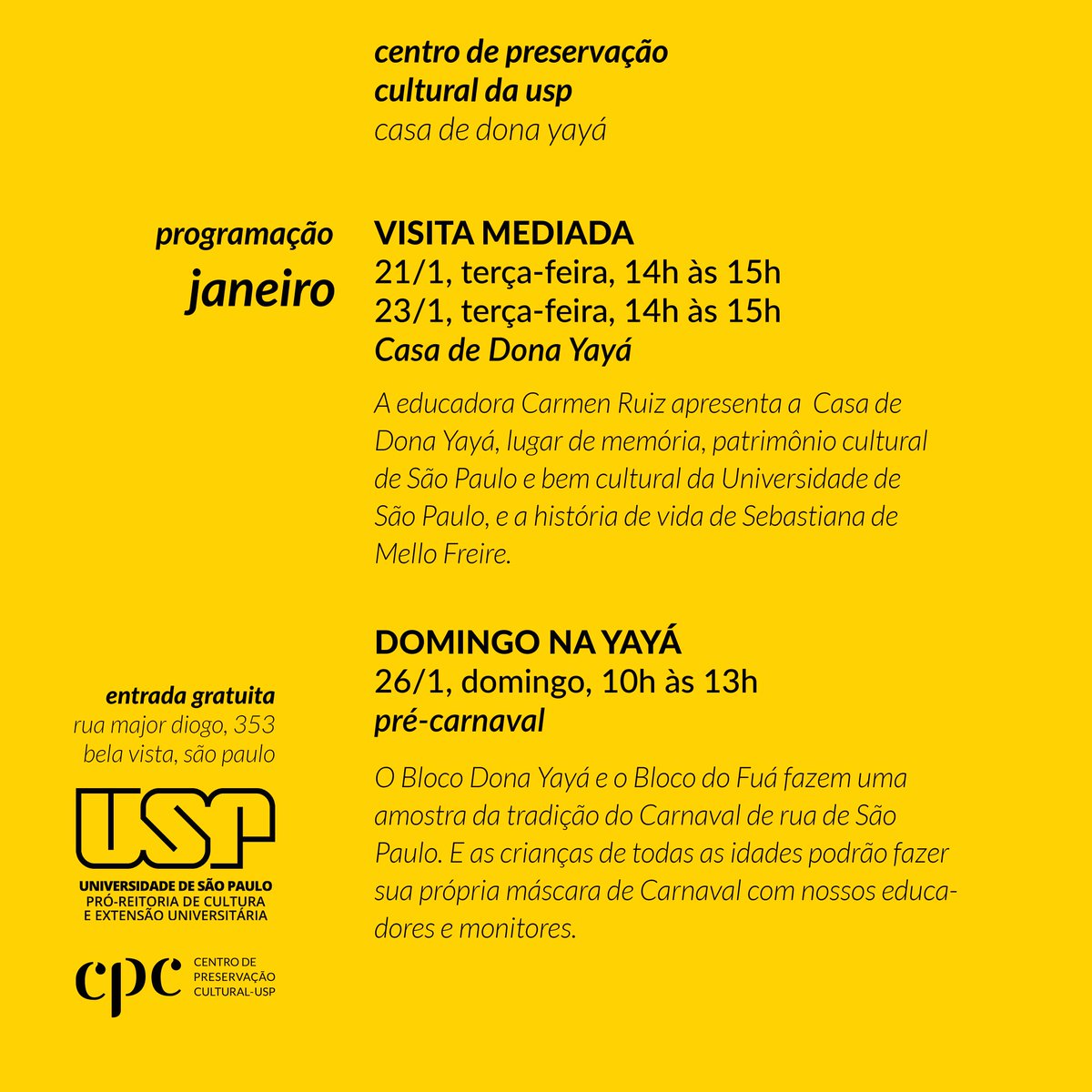 cpcusp's tweet photo. Retornamos do recesso de fim de ano e a Casa está novamente aberta para visitação.
Todas as atividades são gratuitas! 

Rua Major Diogo, 353 - Bela Vista - SP
Horários: de segunda a sexta-feira, das 10h às 18h; quartas-feiras, das 10h às 20h; domingos, das 10h às 13h. https://t.co/RKvQ0fYTfr