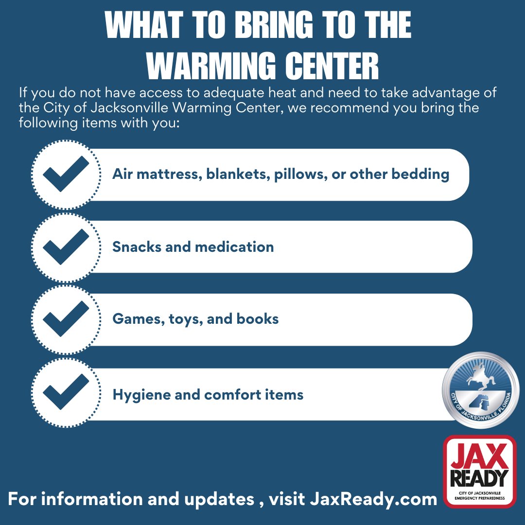 The National Weather Service has issued a Cold Weather Advisory and Freeze Warning for Duval County, with wind chills forecast in the 20s this evening.

The City of Jacksonville Warming Center will open tonight to provide shelter for those without access to adequate heat.
📍