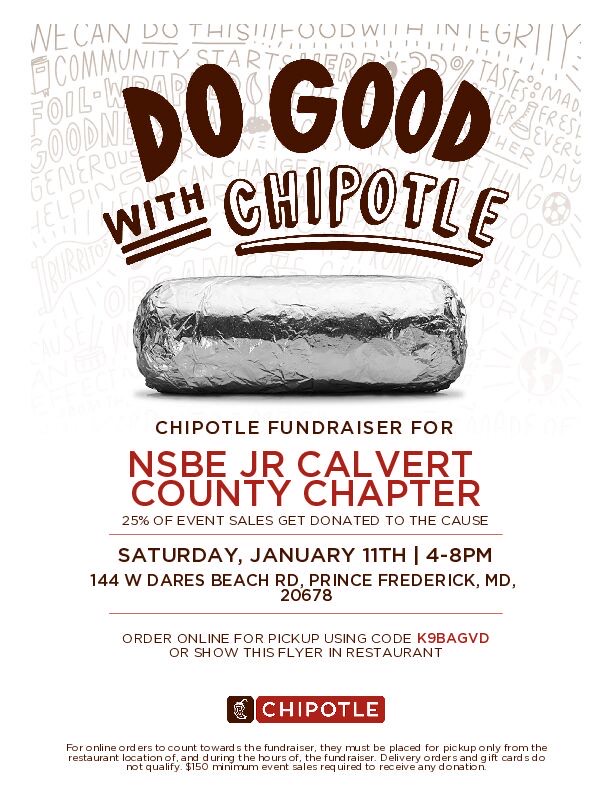 LEAPForwardLEAP's tweet image. Please support our C.A.S.H. NSBE Jr Chipotle Fundraiser this Saturday, Jan. 11 from 4-8 pm! Location details below. Show this flyer in the restaurant, or if ordering online for pickup, use the code K9BAGVD.