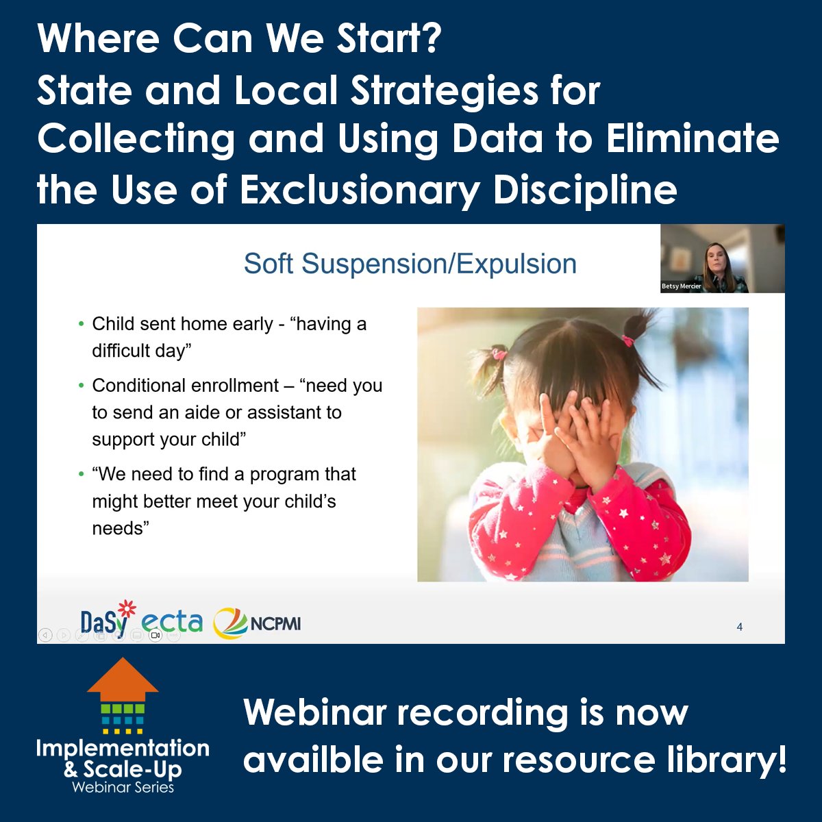 PyramidModel's tweet image. You can now view the recording for the Implementation & Scale-Up webinar, Where Can We Start? State and Local Strategies for Collecting and Using Data to Eliminate the Use of Exclusionary Discipline, in our Resource Library.
challengingbehavior.org/webinar/where-…
#PyramidModel