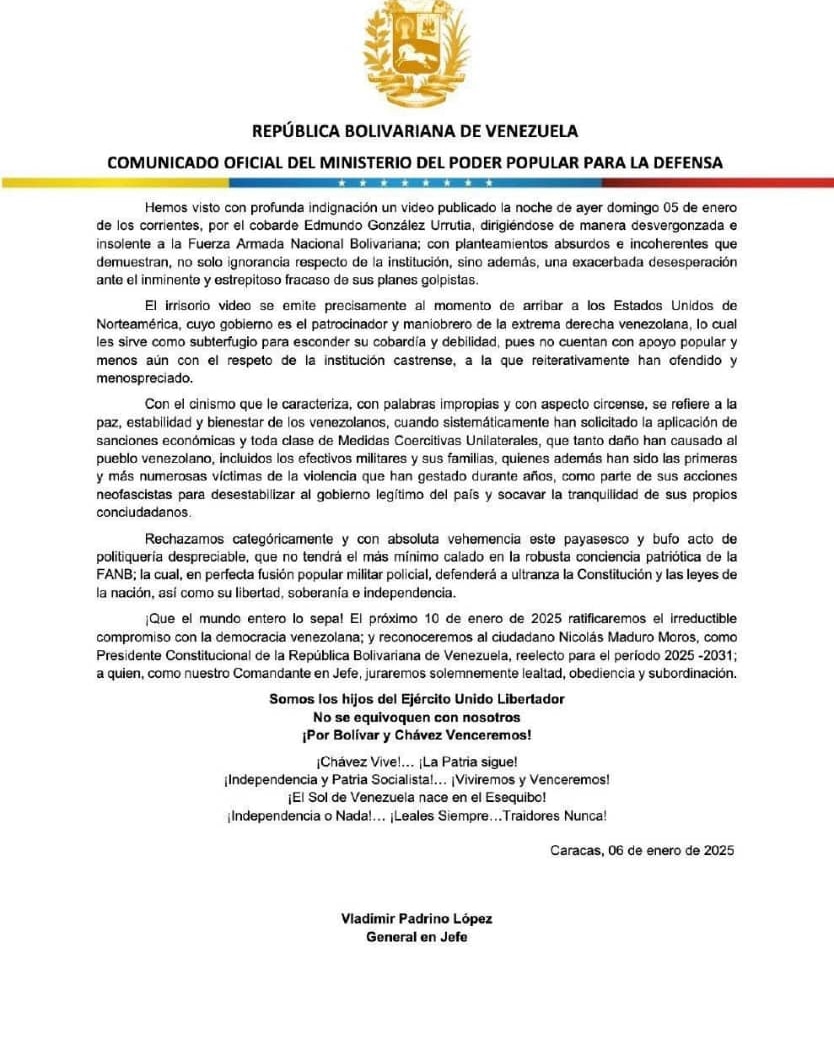 2/2
🇻🇪Fuerza Armada de Venezuela condena el llamado a un golpe militar.

🇻🇪”Que el mundo entero lo sepa, el 10E reconoceremos a Nicolás Maduro como presidente constitucional de Venezuela”.
#AmemosAlTáchira💛🖤❤️