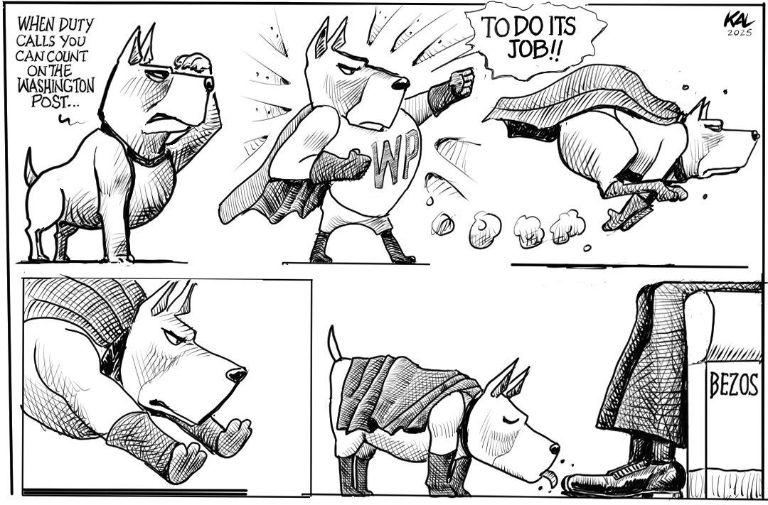 Political Cartoon (@cartoon4sale) on Twitter photo Kal: My cartooning chum <a href="/AnnTelnaes/">Ann Telnaes</a> recently quit the <a href="/PostOpinions/">Washington Post Opinions</a> because a cartoon criticizing The Post's owner, Jeff Bezos was axed by the paper. It appears the struggling publication is afraid that clear eyed criticism of Bezos might upset the boss. Shame on them. Kal: My cartooning chum <a href="/AnnTelnaes/">Ann Telnaes</a> recently quit the <a href="/PostOpinions/">Washington Post Opinions</a> because a cartoon criticizing The Post's owner, Jeff Bezos was axed by the paper. It appears the struggling publication is afraid that clear eyed criticism of Bezos might upset the boss. Shame on them.