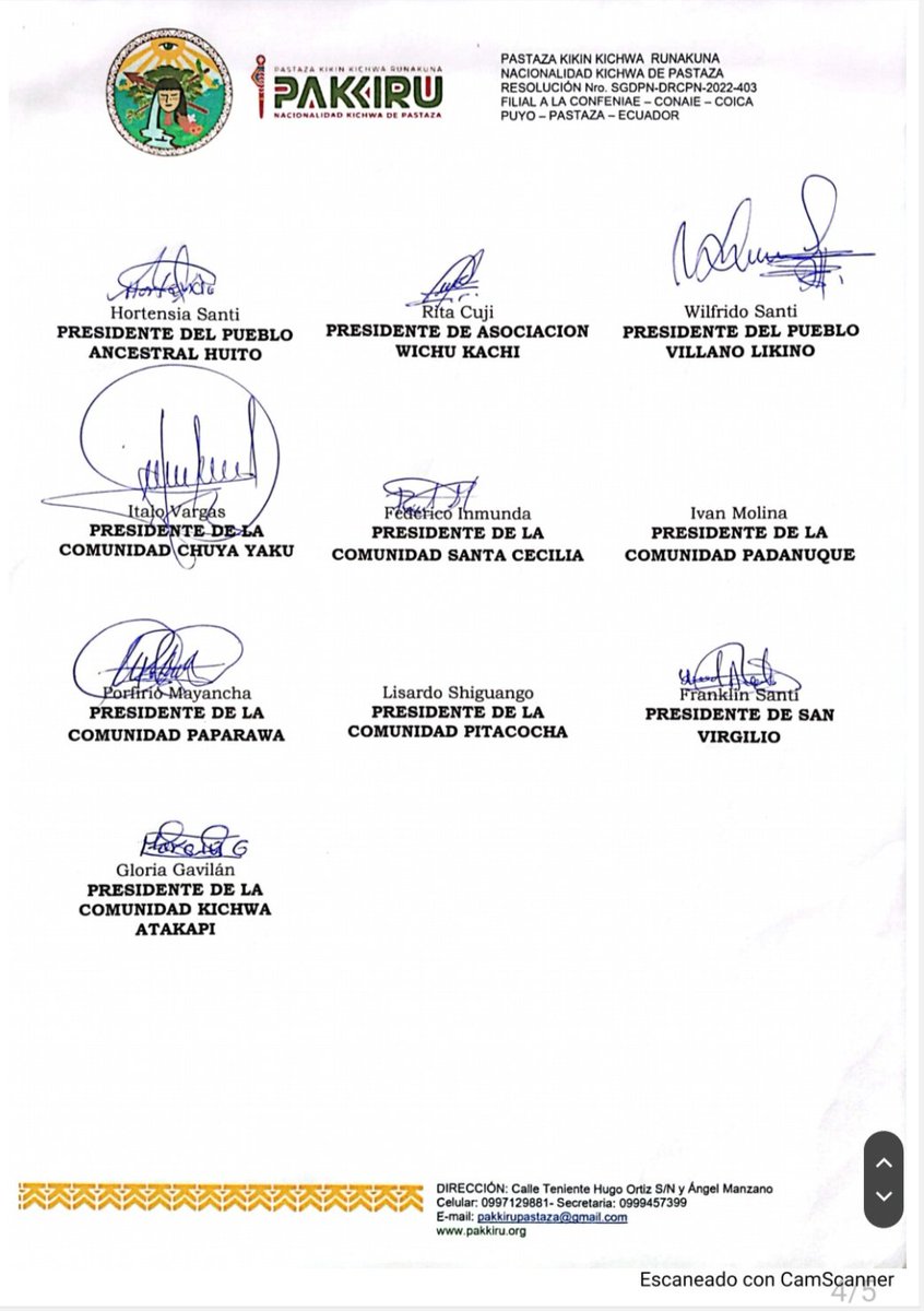PAKKIRU (@pakkiru_org) on Twitter photo #ATENCION
Resoluciones de la Asamblea Anual de la Nacionalidad Kichwa de Pastaza realizada en Boveras, Montalvo
✅ Fortalecer nuestra agenda autonómica
✅ Defensa territorial anti extractivista
✅ Apoyo al movimiento <a href="/PKnacional18/">PACHAKUTIK NACIONAL</a> <a href="/LeonidasIzaEc/">Leonidas Iza Salazar</a>
#EnUnidad #SomosPakkiru #ATENCION
Resoluciones de la Asamblea Anual de la Nacionalidad Kichwa de Pastaza realizada en Boveras, Montalvo
✅ Fortalecer nuestra agenda autonómica
✅ Defensa territorial anti extractivista
✅ Apoyo al movimiento <a href="/PKnacional18/">PACHAKUTIK NACIONAL</a> <a href="/LeonidasIzaEc/">Leonidas Iza Salazar</a>
#EnUnidad #SomosPakkiru