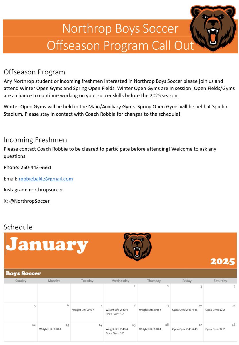 The Offseason is here! Any Northrop Student or Incoming Freshmen please join us for Open Gym and Open Fields.