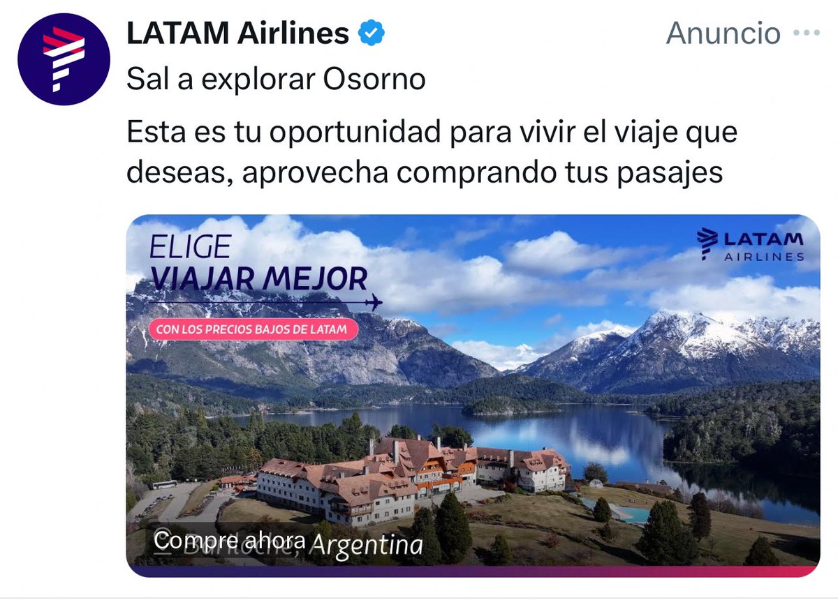 ¿Por qué <a href="/LATAMAirlines/">LATAM Airlines</a> publicita viajes a #Osorno #chile con fotos del Hotel Llao Llao #Bariloche #argentina? Exijo una explicación 🤷🏻