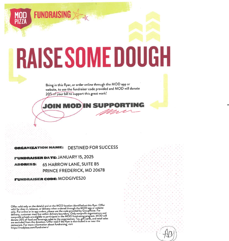 LEAPForwardLEAP's tweet image. Please support Destined for Success with their fundraiser on Jan. 15 at MOD Pizza in Prince Frederick.  Orders can be placed on their App or online. For online orders, use promotion Code: MODGIVES20. The below flyer can also be presented onsite.
