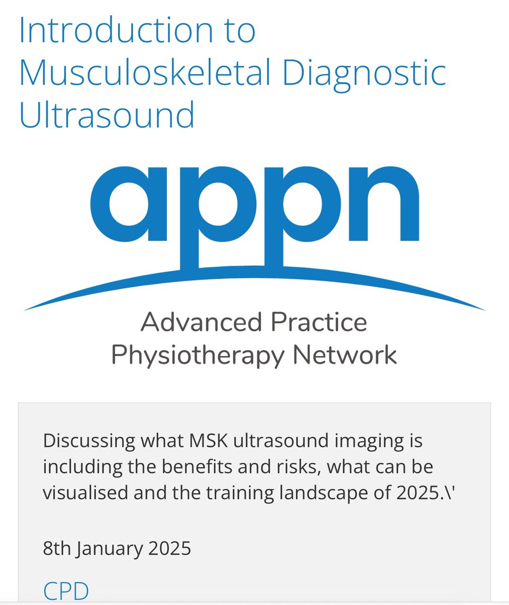 Advanced Practice Physiotherapy Network (@appn_physio) on Twitter photo Happy New Year everyone 🎉 Final call for our first webinar of 2025, this Wednesday 8th January ‘Introduction to #MSK Diagnostic Ultrasound’ with <a href="/swildmanphysio/">Stuart Wildman</a> - not to missed - cost £1 😃. Visit the link below to book 👇👇
appn.org.uk/courses/book/60 Happy New Year everyone 🎉 Final call for our first webinar of 2025, this Wednesday 8th January ‘Introduction to #MSK Diagnostic Ultrasound’ with <a href="/swildmanphysio/">Stuart Wildman</a> - not to missed - cost £1 😃. Visit the link below to book 👇👇
appn.org.uk/courses/book/60