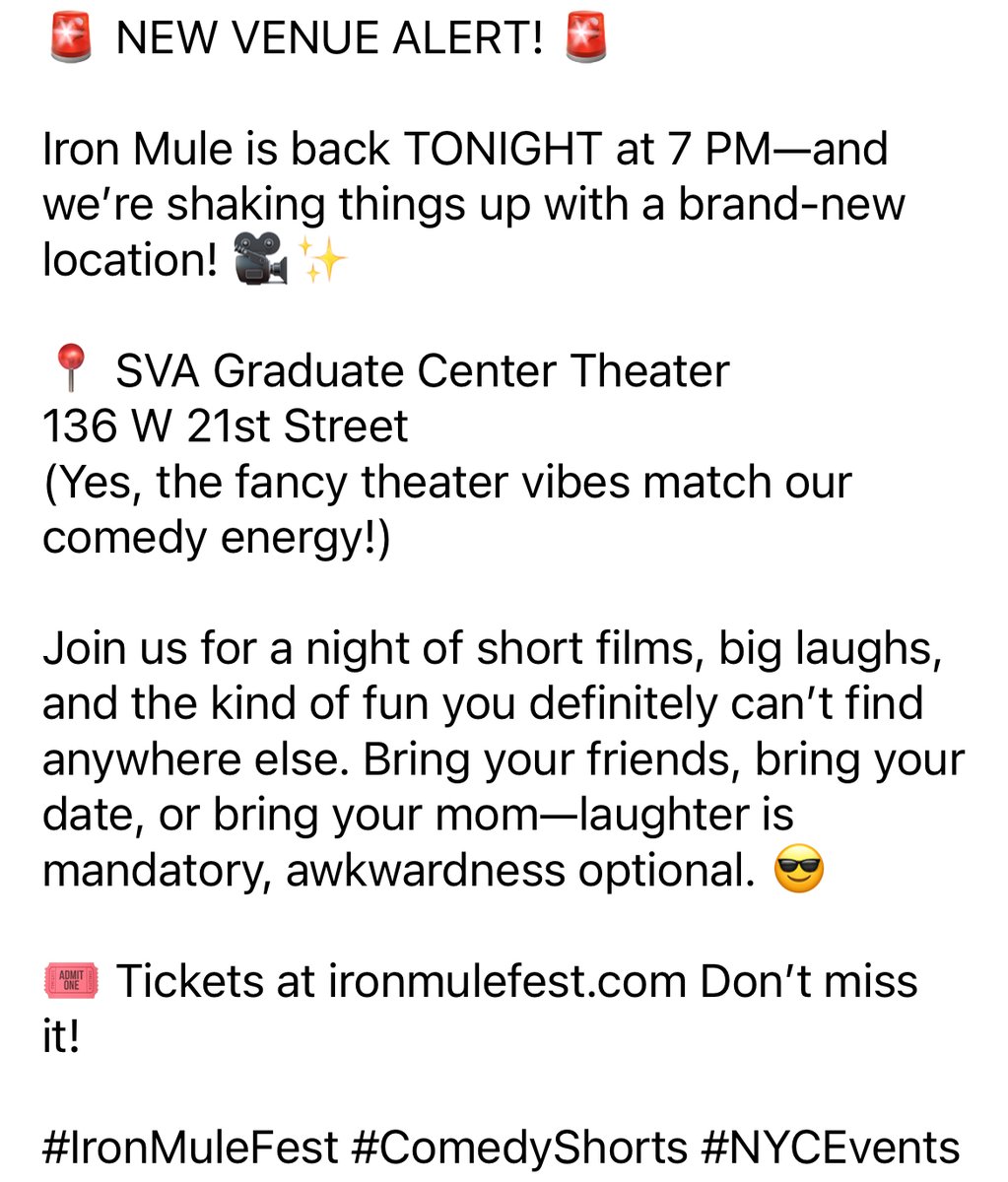 New year, new venue 😏

Tix: ironmulefest.com

#IronMuleFest #ComedyShorts #NYCEvents #SVATheater #Chelsea #StuffToDoNYC #January #NewYearNewMe