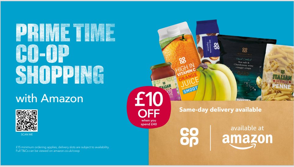 Shop your <a href="/coopuk/">Co-op</a> groceries on Amazon Prime and receive £10 off your first shop 🙌 
Participating stores only. T&amp;Cs apply. Offers are available for Amazon members only.
🛒  bit.ly/3IghqnP