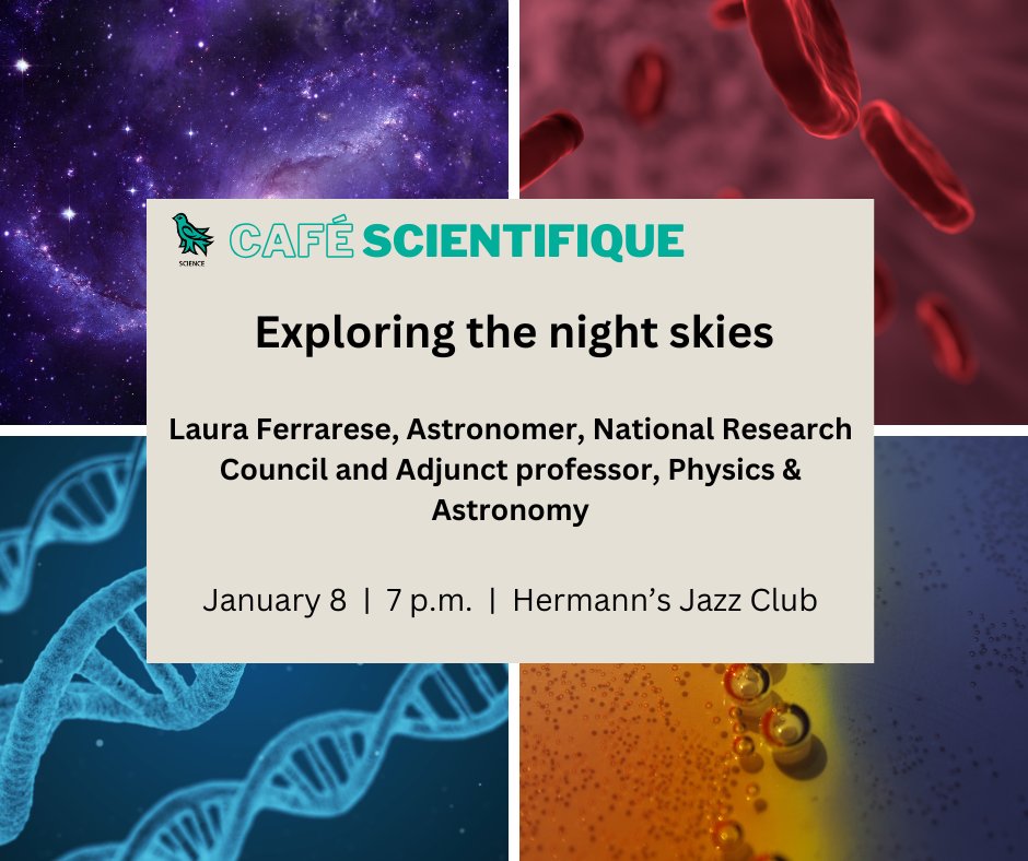 Join us this Wednesday for the first Café Scientifique event of the year, where we'll be exploring galaxies, the James Webb Space Telescope, satellite constellations, and more!

📅 Wednesday, January 8, 2025
⏲️ 7 p.m.
📍 Hermann's Jazz Club

🔗More info: ow.ly/swLq50UvhCV