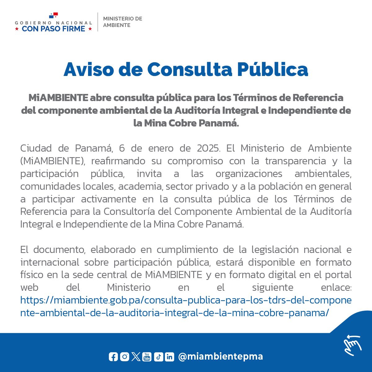 MiAmbientePma's tweet photo. Aviso de Consulta Pública.

MiAMBIENTE abre consulta pública para los Términos de Referencia del componente ambiental de la Auditoría Integral e Independiente de La Mina Cobre Panamá. https://t.co/FStuXMDQJD