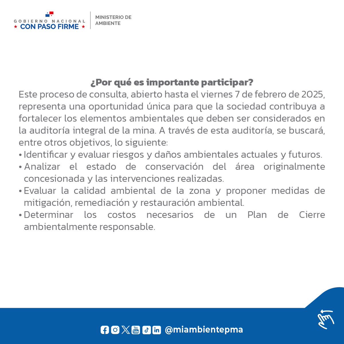 MiAmbientePma's tweet photo. Aviso de Consulta Pública.

MiAMBIENTE abre consulta pública para los Términos de Referencia del componente ambiental de la Auditoría Integral e Independiente de La Mina Cobre Panamá. https://t.co/FStuXMDQJD