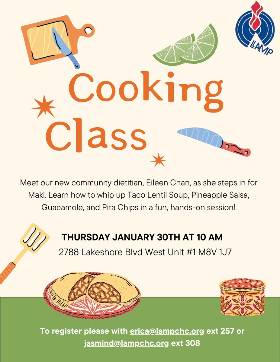 LAMPCHC_info (@lampchc_info) on Twitter photo Join our community dietitian, Eileen Chan, for a hands-on session where you’ll learn to whip up Taco Lentil Soup, Pineapple Salsa, Guacamole, and Pita Chips!
🗓Thursday, January 30th at 10 AM
📍2788 Lakeshore Blvd W, Unit #1
📧Register at: erica@lampchc.org or jasmin@lampchc.org Join our community dietitian, Eileen Chan, for a hands-on session where you’ll learn to whip up Taco Lentil Soup, Pineapple Salsa, Guacamole, and Pita Chips!
🗓Thursday, January 30th at 10 AM
📍2788 Lakeshore Blvd W, Unit #1
📧Register at: erica@lampchc.org or jasmin@lampchc.org