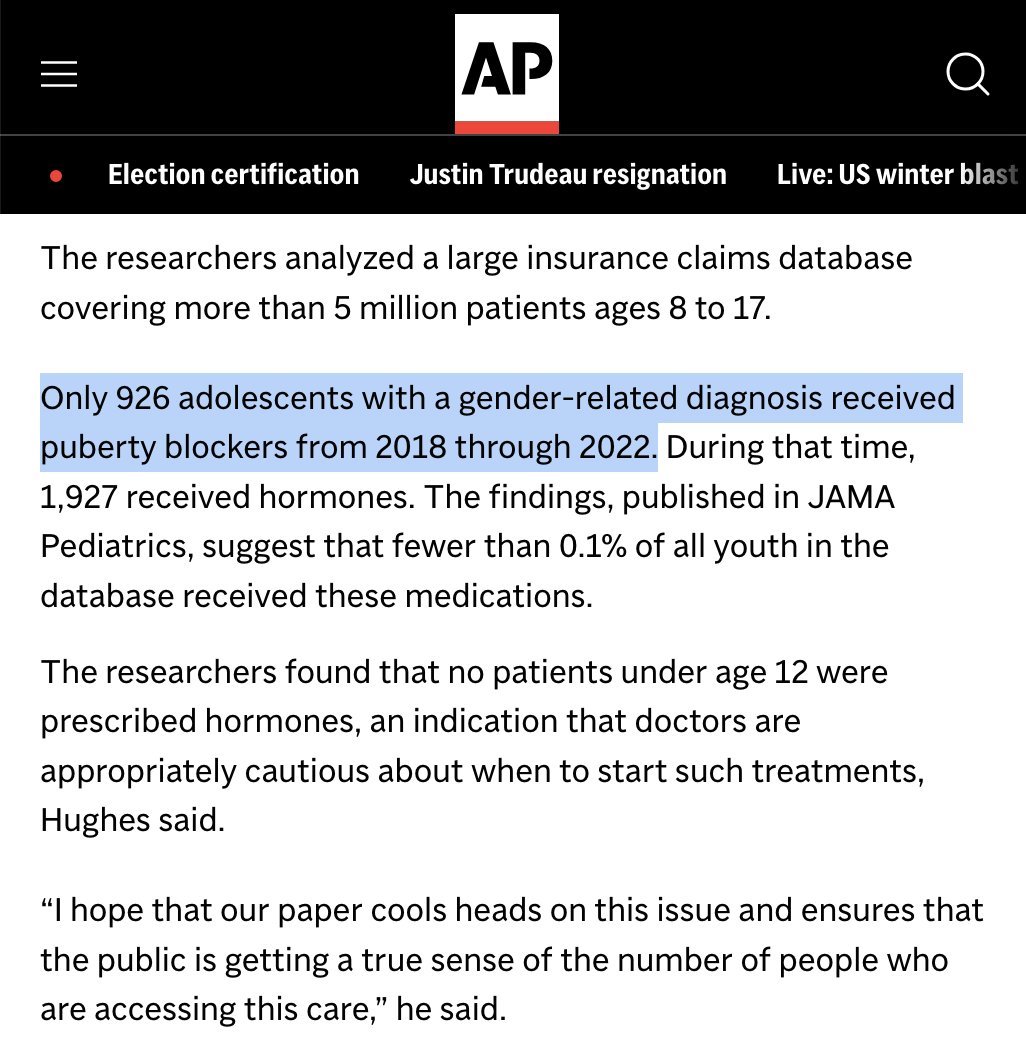 AriDrennen's tweet image. New Study: although Matt Walsh once claimed that the number was "millions," fewer than 1,000 U.S. adolescents were treated for gender dysphoria with puberty blockers, and none under 12 received hormone therapy.