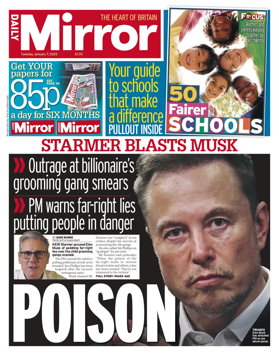 Tuesday's front page: Starmer blasts Musk

#TomorrowsPapersToday

mirror.co.uk/news/politics/…