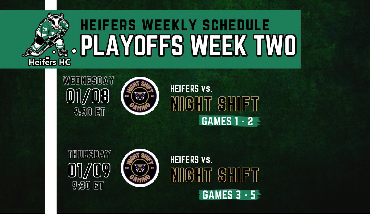 Semi Final Week!! 

The Heifers battle Night Shift in the <a href="/IceTiltHL/">ITHL</a> Semi Final starting Wednesday! 

#Moo 🐮