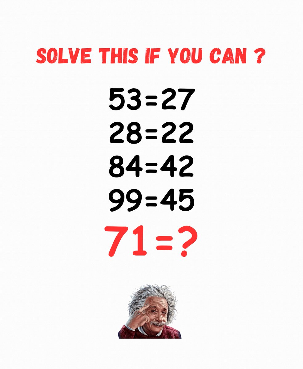 malikumar294's tweet image. Solve This If You Can 71=? 

Write Your Answer In Comments! #mathquiz #mathriddles #mathchallenge