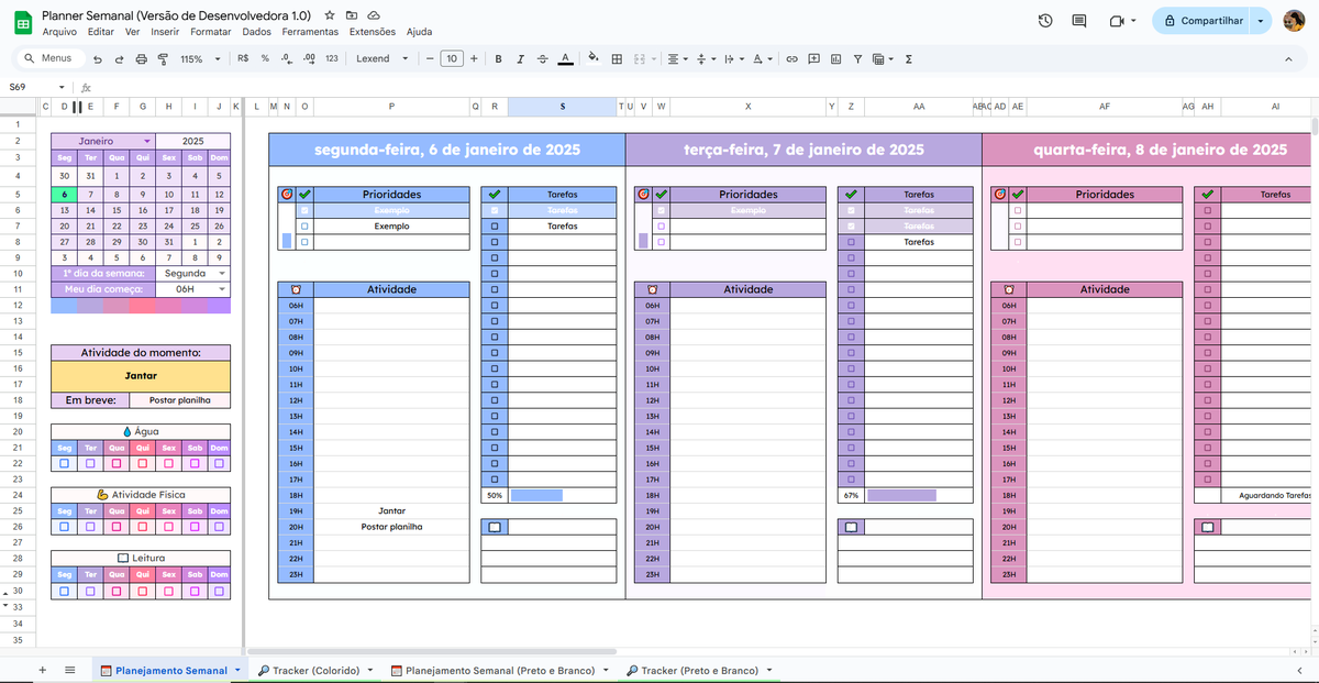 estuda_mel's tweet image. 🌈 Planner Semanal 1.0 [Google Sheets]
⭑ 2 opções de tema: P&amp;amp;B e Colorido

⭑ Calendário automático e flexível para mês e ano 
⭑ Seleção de começo de semana (Seg ou Dom) 
⭑ Time Blocking (18h)
⭑ Checklist interativo com barras de progresso
⭑ Habit Tracker flexível
