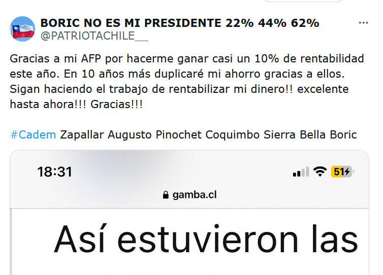 AlephEdu's tweet photo. "en 10 años duplicaré mi ahorro gracias a AFP"
En twitter 'patriota' es sinónimo de analfabetismo financiero. https://t.co/8K69KbfAwC